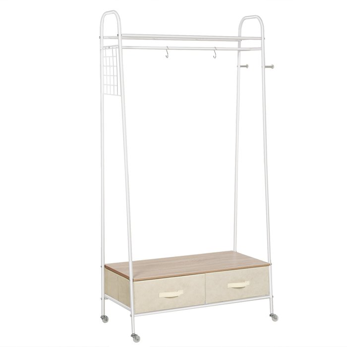 Soporte perchas metálico con ruedas 2 cajones estantes 99x47x185cm blanco