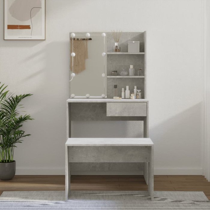 Vidaxl juego de tocador con led madera contrachapada blanco brillante