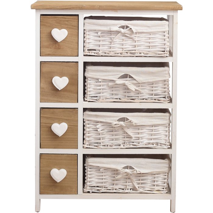 Comoda 4 cajones rebecca mobili madera mimbre blanco marron 71x51x30