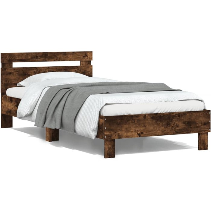 Cabecero estructura cama y luces led roble ahumado 100x200 cm