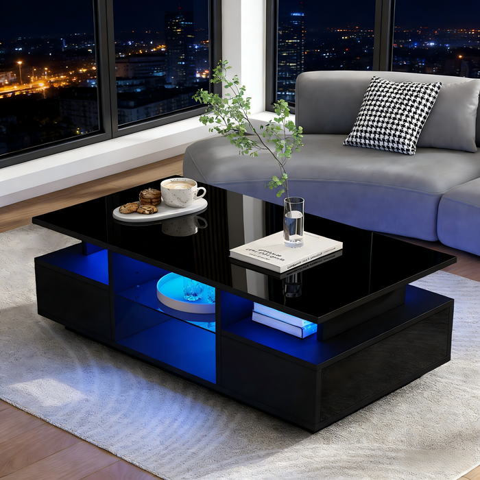 Mesa de centro led 100x50x36 cm con 2 cajones, almacenaje abierto, negro