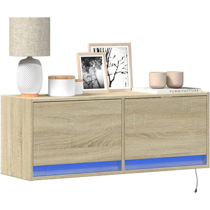Mueble de tv de pared con luces led, acabado roble sonoma, 100x31x35 cm