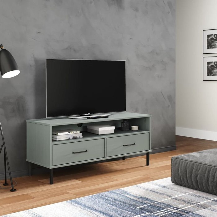 Mueble de tv oslo 2 cajones + compartimento madera de pino gris 46,5x106x40 cm