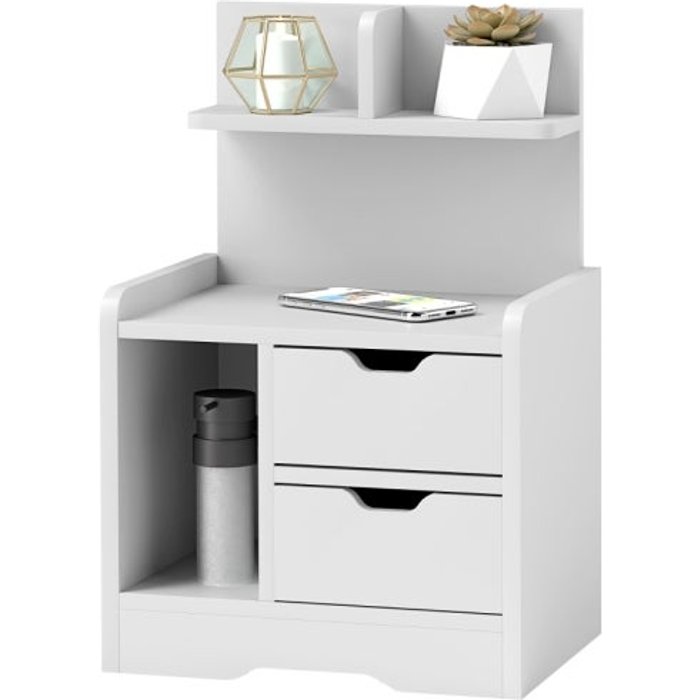 Mesita de noche con 2 cajones y estante abierto, 40 x 30 x 60 cm, blanca.