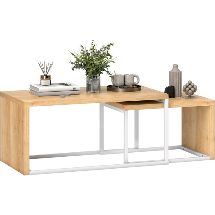 Conjunto 2 mesas centro industrial blanco/madera 90x48x42cm patas metal salón