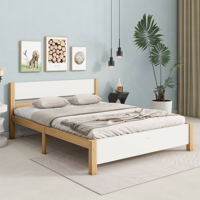 Cama individual estructura de madera 140x200 cm - blanco