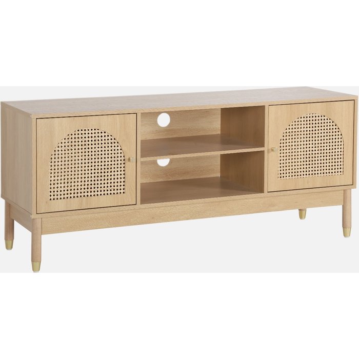 Mueble tv decoración madera y mimbre 2 puertas, 140cm natural - 140x40x60 cm