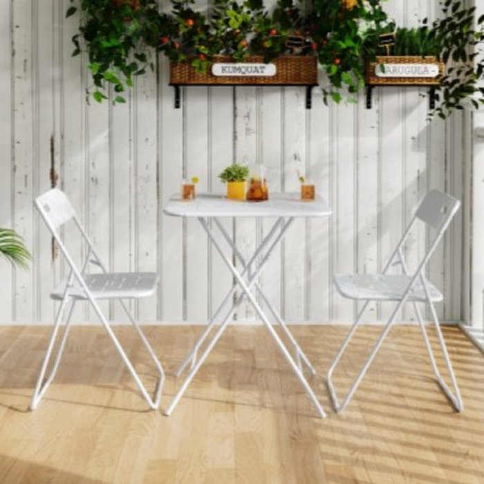 Conjunto de mesa y 2 sillas plegables 3 piezas, mesa 60x60x73 cm, acero, blanco