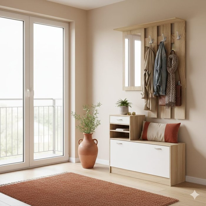 Essenza mueble recibidor 3 en 1 con espejo zapatero perchero 90cm