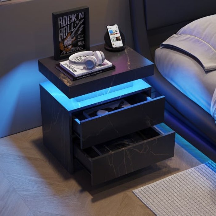 Mesita de noche led moderna con 2 cajones, mueble de cabecera en negro y dorado