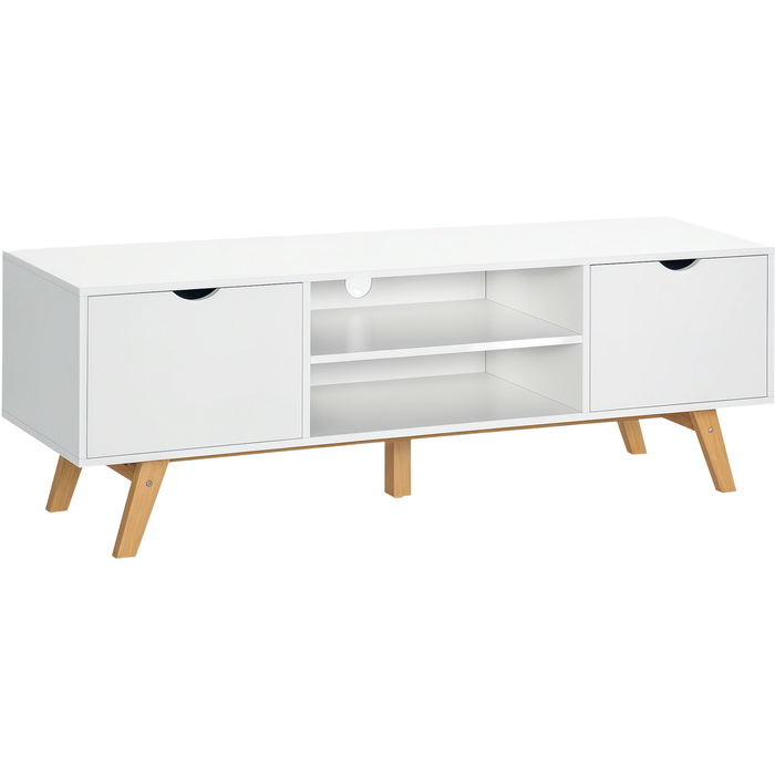 Mueble tv 150cm para tvs hasta 65 - 2 armarios + estantes - blanco y madera
