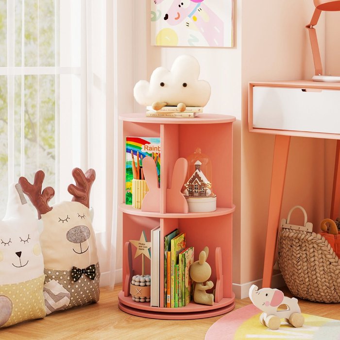 Estantería giratoria infantil rosa 2 niveles con divisores conejo 40x65cm