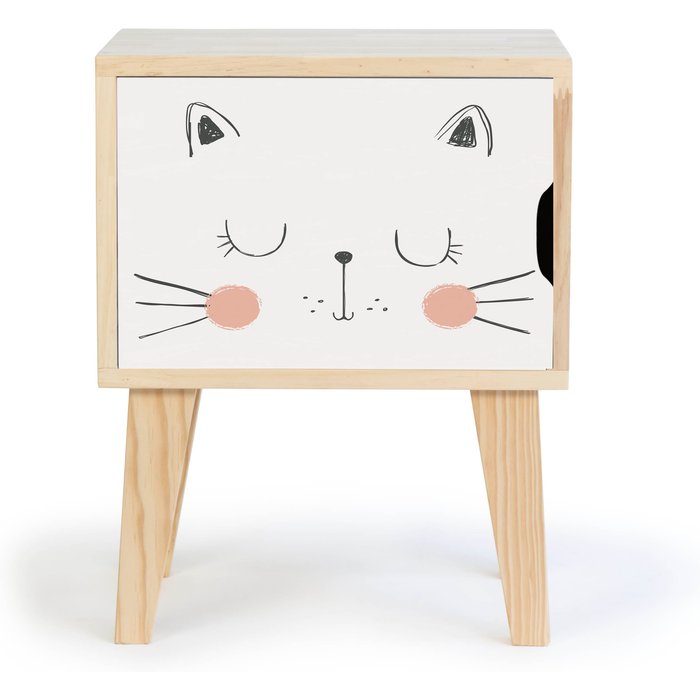 Mesita de noche de pino infantil con dibujo de gato