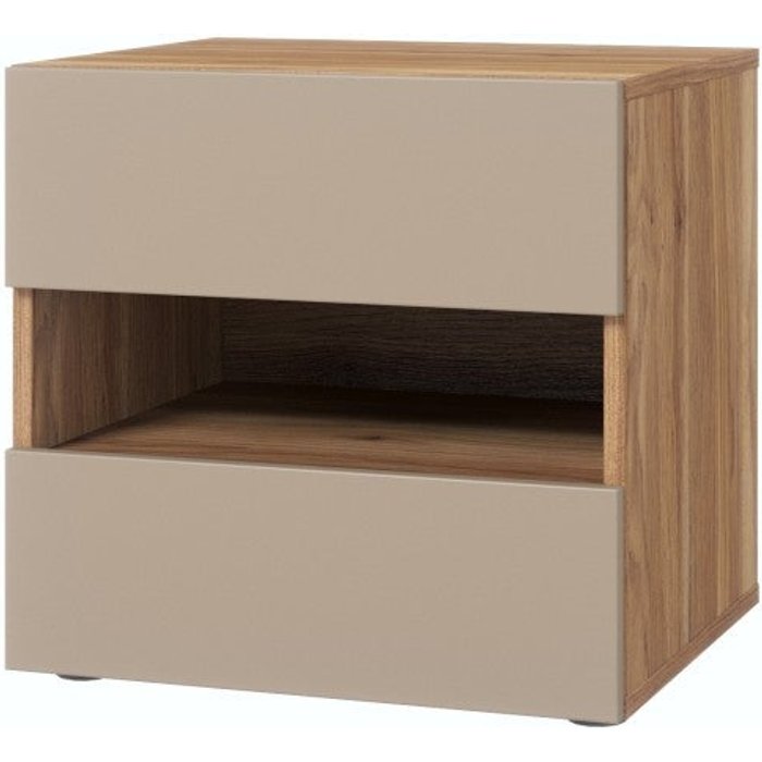 Mesa de noche vox con 2 cajones y un nicho, color roble y beige.