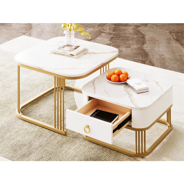 Juego de 2 mesas de centro con un cajón - aspecto mármol brillante - blanco