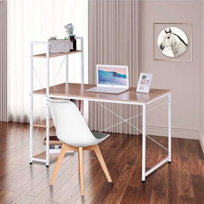 Escritorio dobby con estantería integrada natural/blanco 121x120x64 cm