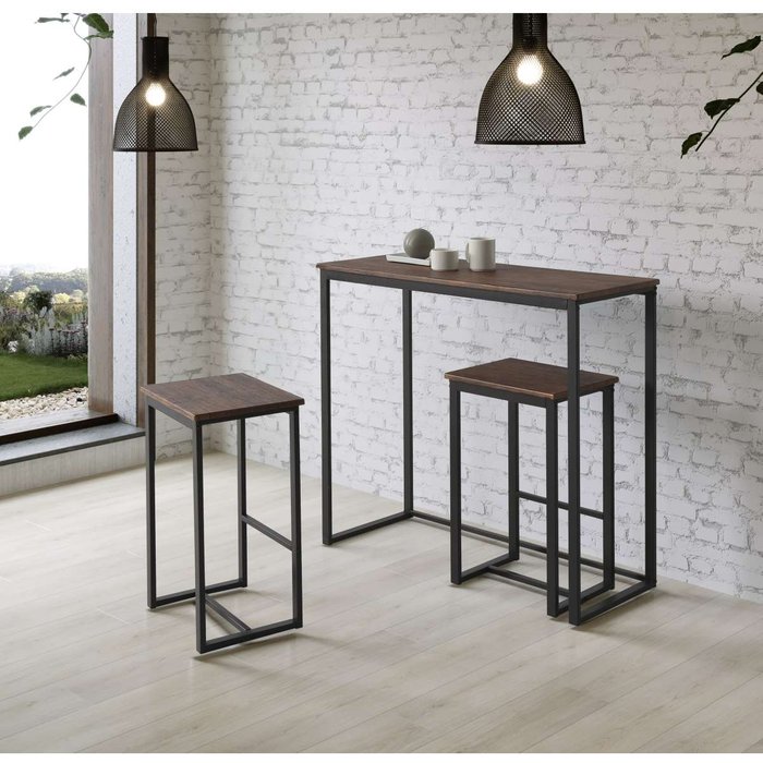 Pack mesa cocina alta + 2 taburetes altos parís acabado color roble.