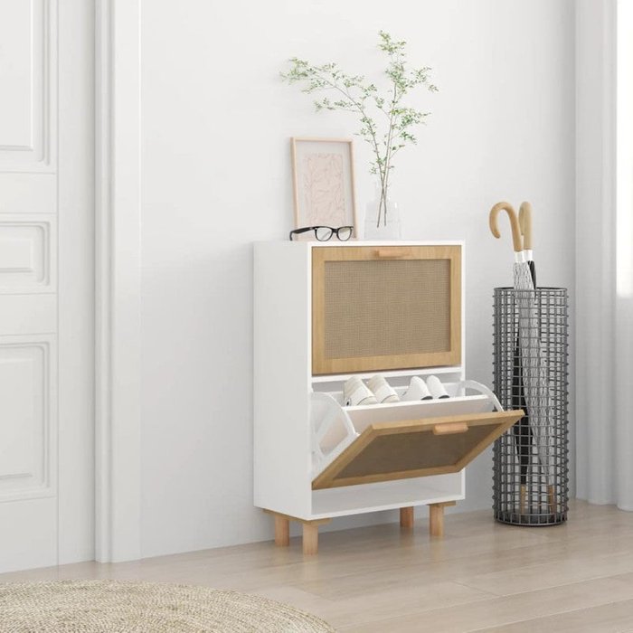 Vidaxl zapatero madera contrachapada blanco ratán natural 52x25x80 cm