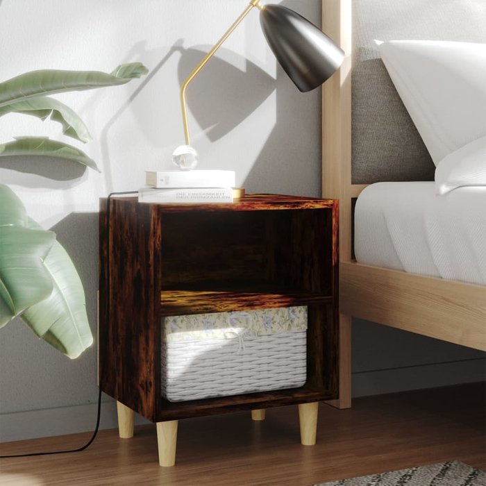 Mesitas de noche con patas de madera, 2 unidades, roble ahumado, 40x30x50 cm