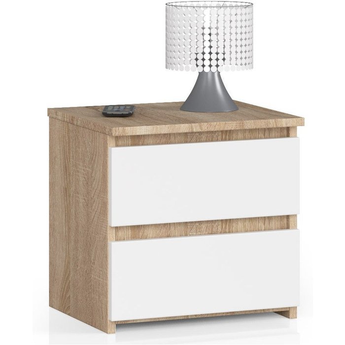 Mesita de noche: 2 cajones, roble sonoma|blanco, 40 x 40 x 35 cm