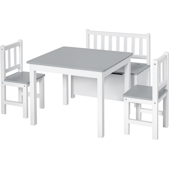 Conjunto mesa y sillas infantil con banco almacenaje blanco gris 4 plazas