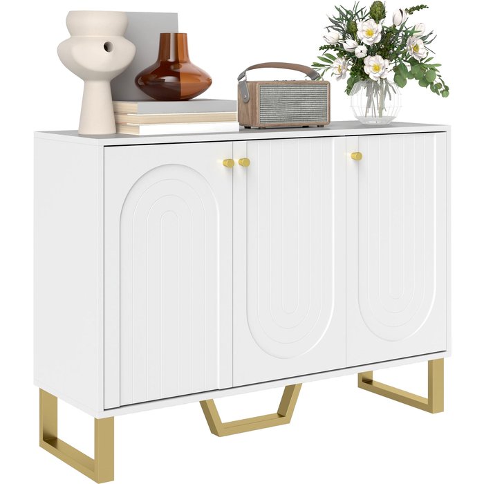 Aparador blanco 3 puertas patas doradas 106x35x77cm - mueble tv salón