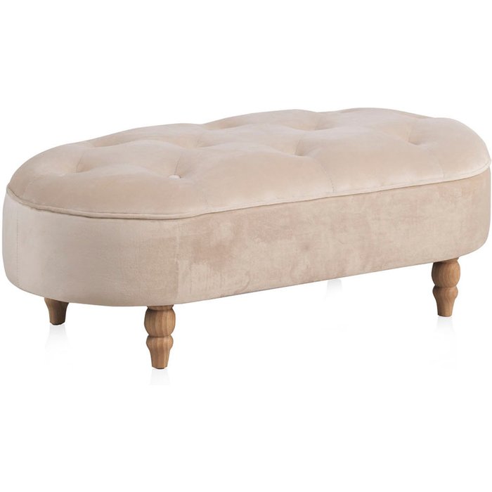 Banqueta tapizada con tejido aterciopelado beig y patas madera