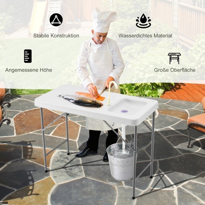 Mesa de limpieza y fileteado de pescado con manguera de drenaje para fregadero