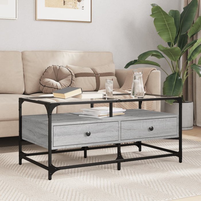 Mesa de centro con tablero de cristal sonoma gris, 98,5 x 50 x 45 cm, acero