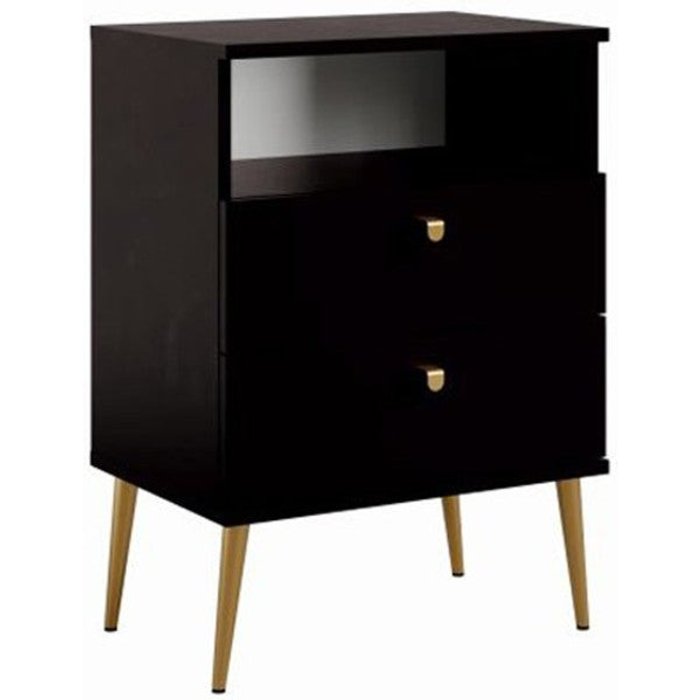 Mesa de noche aurora – 2 cajones + nicho – negro y patas doradas