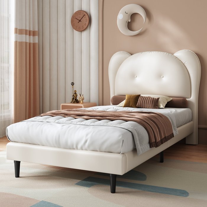 Cama infantil 90 x 200 cm con somier de láminas, pu, beige, sin colchón