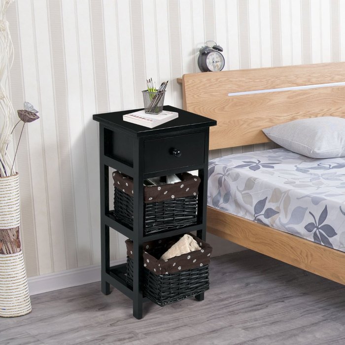 Set 2 mesitas noche modernas con cajón y cestas organizadoras negro 28x26x59,5cm