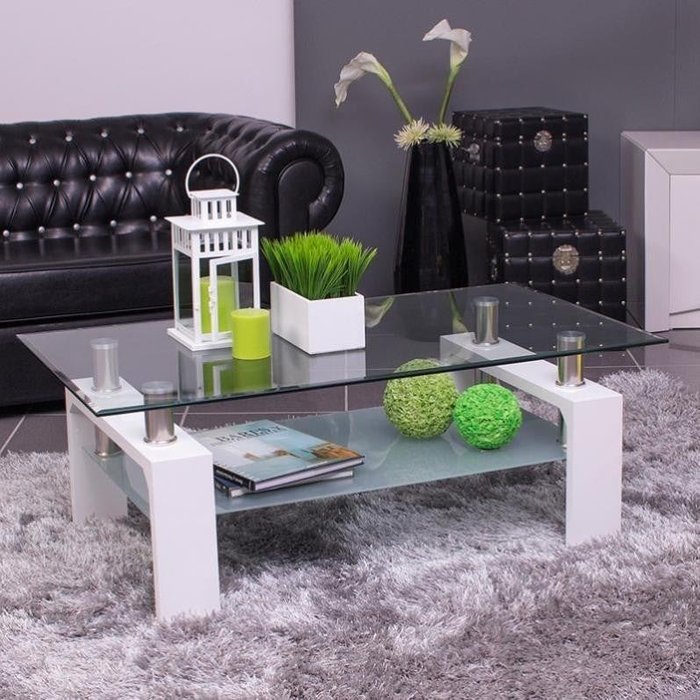 Mesa de centro kenia tapa y revistero de cristal y pies de mdf - blanco