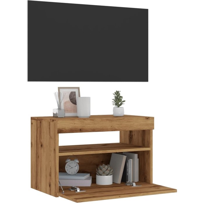 Mueble de tv con luces led fabricado artesanalmente en madera de roble.