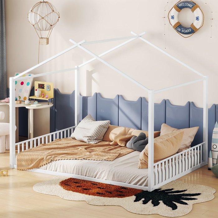 Cama infantil 140x200 cm estilo cabaña con somier de láminas, color blanco