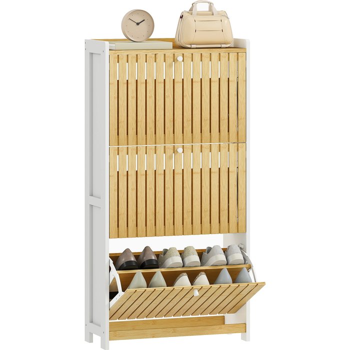 Zapatero estrecho 3 puertas bambú 60x24x118cm 18 pares blanco madera