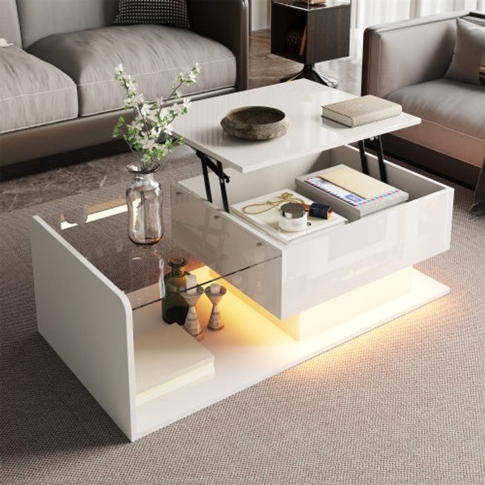 Mesa baja 100x50x33-47,5 cm con led, placa elevable, en mdf, color blanco
