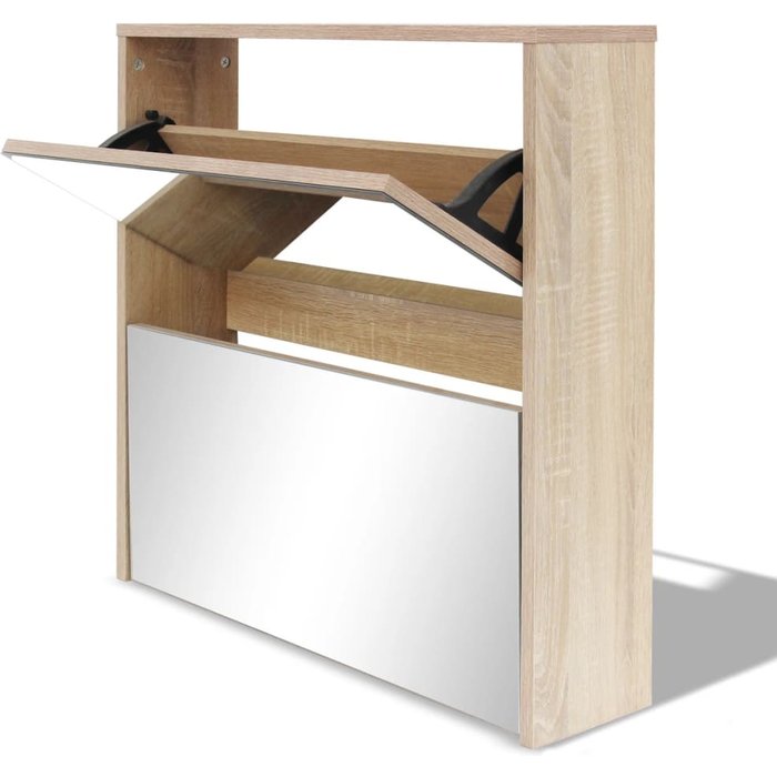 Zapatero de 2 niveles con espejo 63 x 17 x 67 cm roble marrón 02_0043382