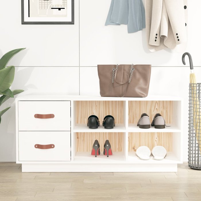 Banco zapatero blanco 100x34x45 cm madera maciza de pino