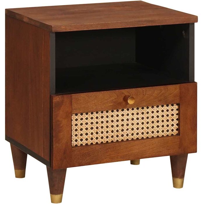 Mesita de noche marrón de 40 x 33 x 46 cm, de madera maciza de acacia.