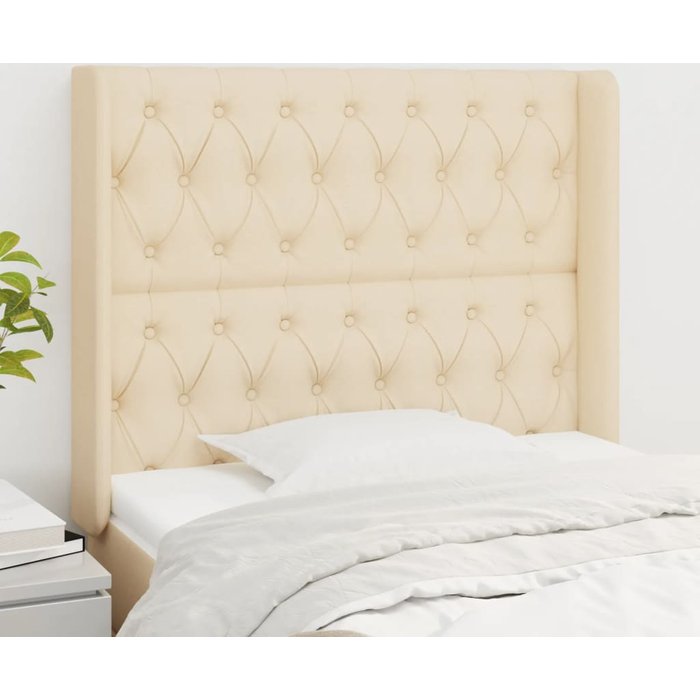 Cabecero con orejas de tela color crema 103x16x118/128 cm