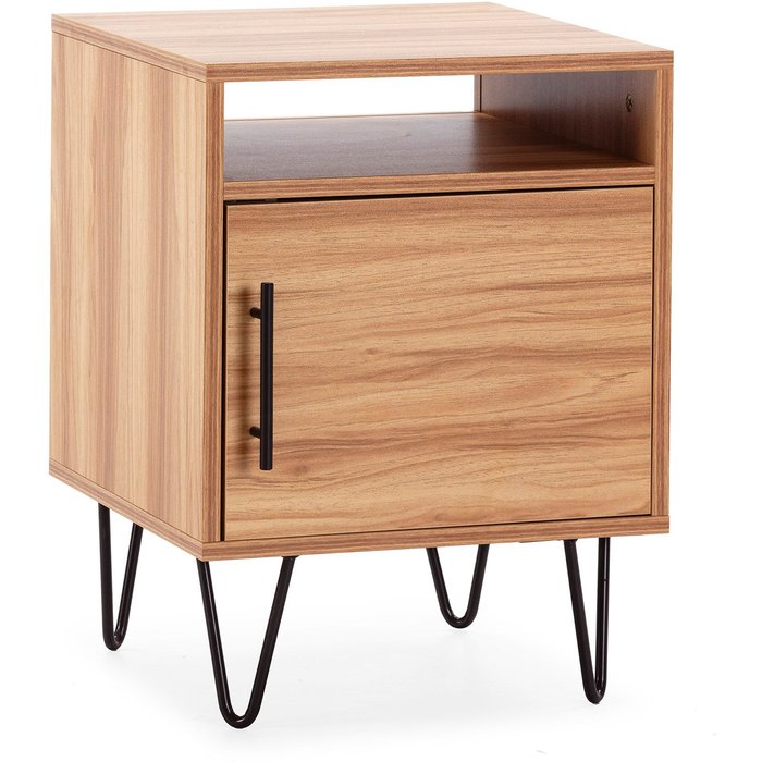Mesita de noche alma 1 puerta color madera, pies metálicos
