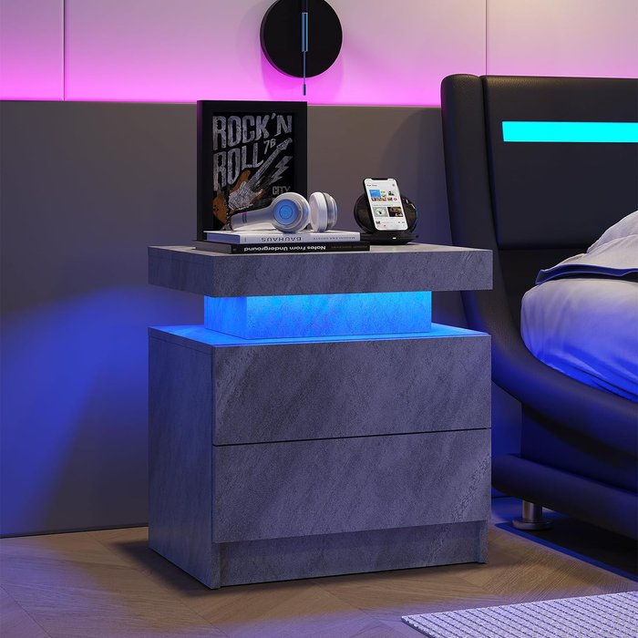 Mesita de noche con 2 cajones/luz led, 50x53x36 cm, gris oscuro