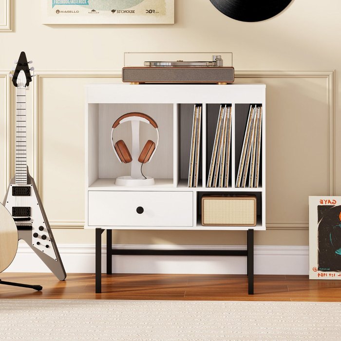 Mueble tocadiscos blanco con cajón y compartimentos para vinilos 70x36x80cm