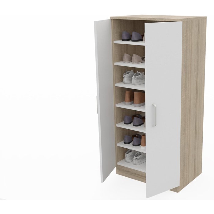 Zapatero 2 puertas, armario auxiliar con 7 estantes. blanco tapa roble dormidán