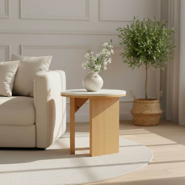 Mesa de centro redonda con acabado efecto madera diám 50 cm clara