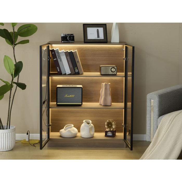 Vitrina de cristal con 3 estantes - led - marrón