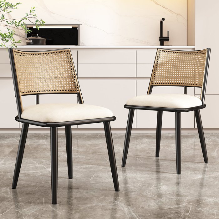 Set de 2 sillas, respaldo en ratán, asiento confort pu, patas metal, negro
