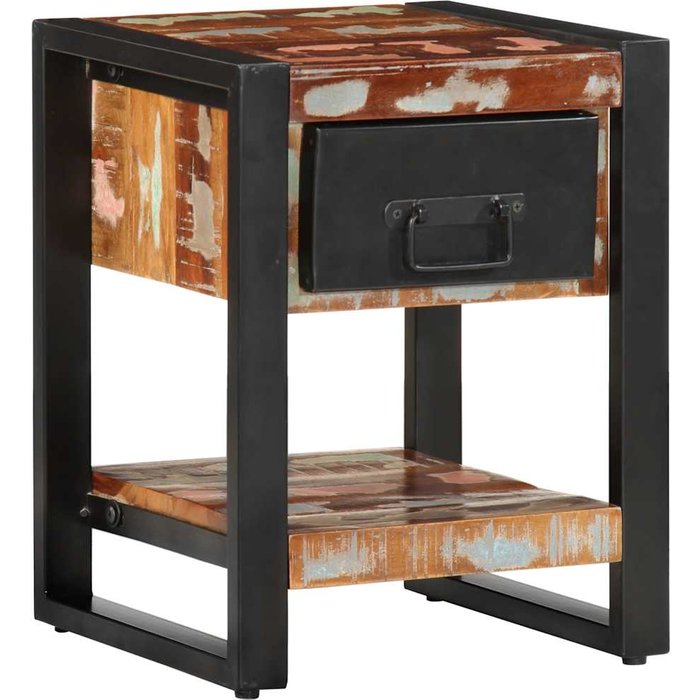 Mesita de noche multicolor de 35x34x45 cm, de madera maciza reciclada.