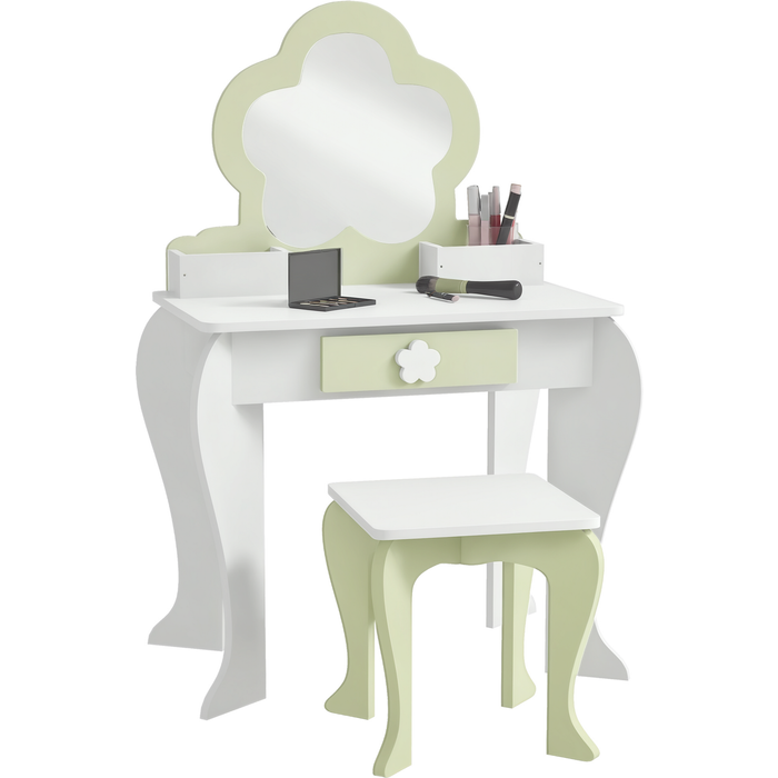 Tocador infantil con espejo y taburete 55x34x87,5cm blanco verde 3-6 años
